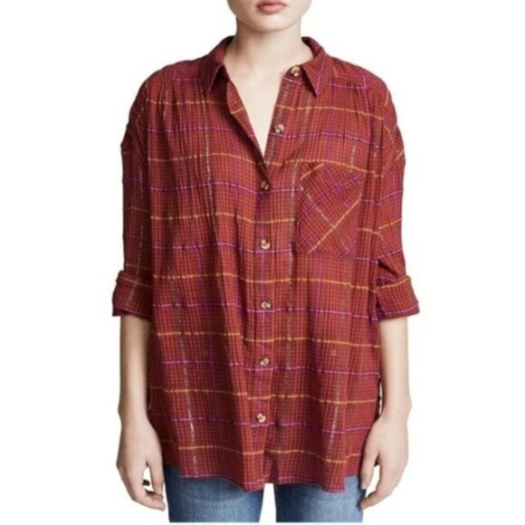 Free People Oversized Plaid Button Up Shirt Red - Picture 1 of 6